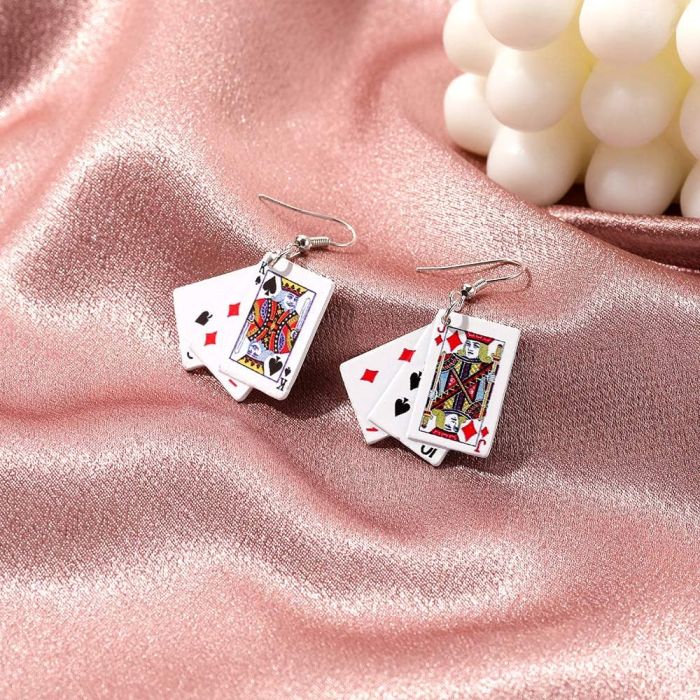 Personality Poker Dangle Earrings Metal Alloy Game cards Simulate Cool Funny Earrings for Women Girls